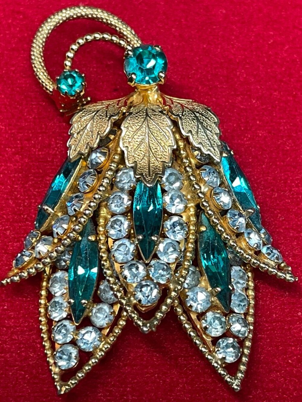 Vintage Juliana Attributed Teal & Peacock Blue Navette Rhinestone Tiered Brooch
